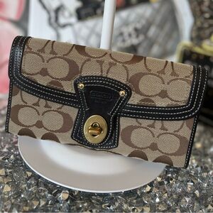 Coach Legacy Signature Brown Canvas Black Leather Turnlock NWOT